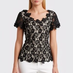 JS Boutique Beaded Floral Lace Black Overlay Tan Illusion Blouse 8 Evening